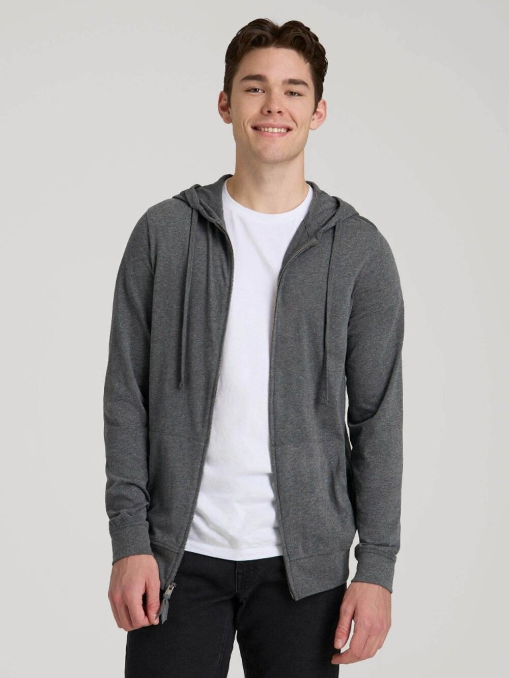 American Tall Long Sleeve Full Zip Jersey Hoodie for Tall Men in Charcoal Mix Si